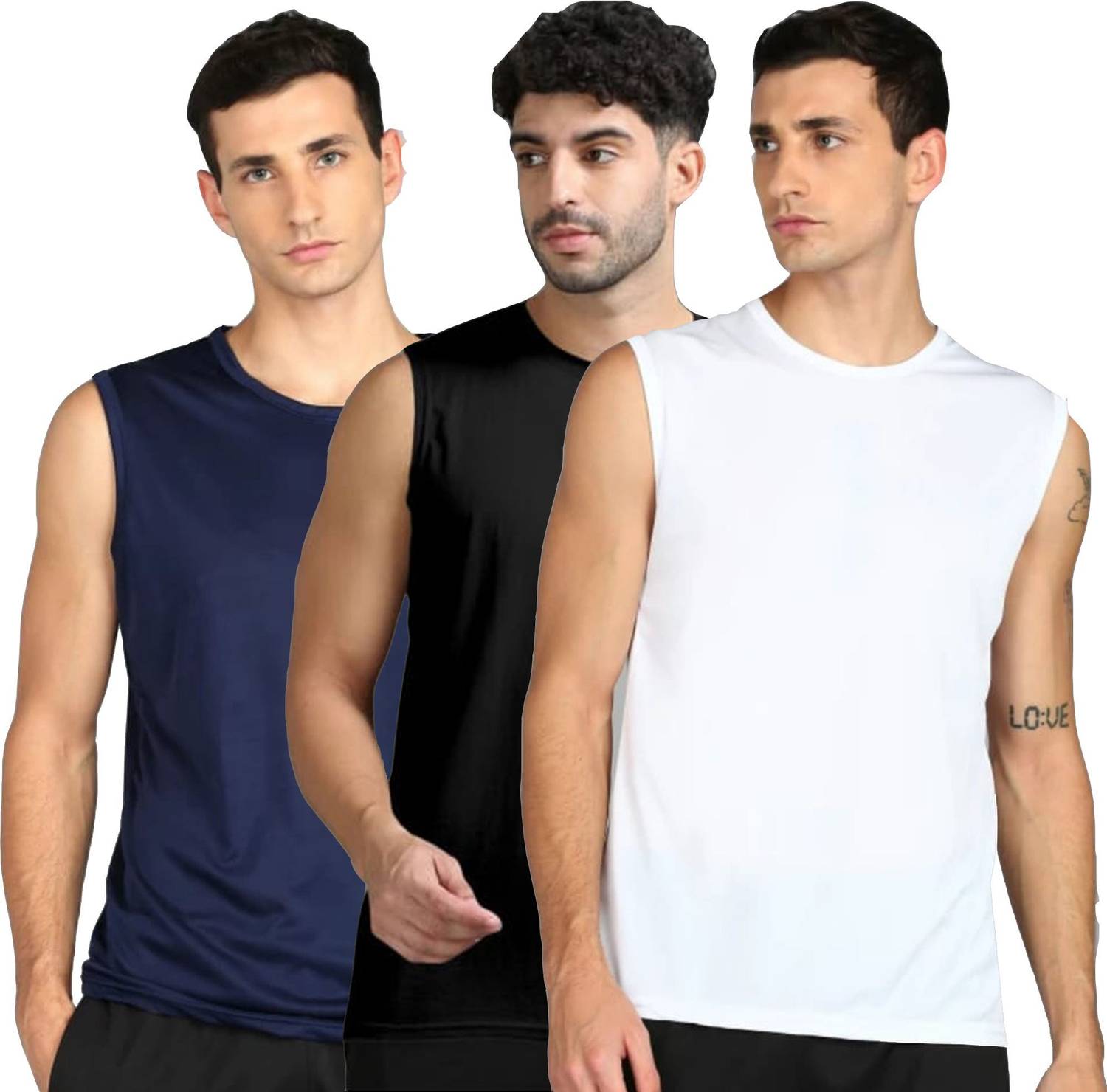 Jangoboy Pack of 3 Men Solid Round Neck Polyester Dark Blue, Blac
