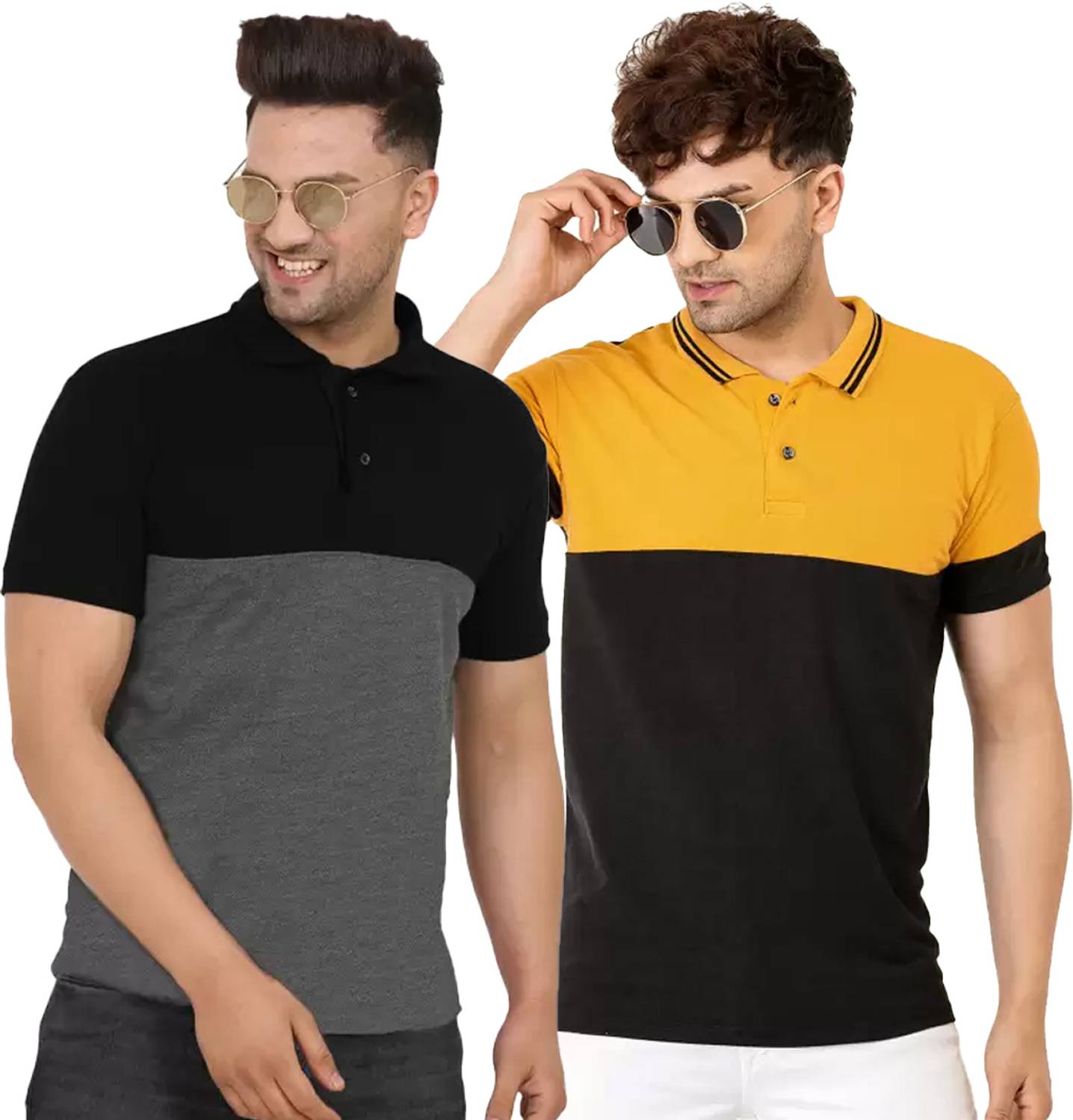 Leotude Men Colorblock Polo Neck Cotton Blend Multicolor T-Shirt