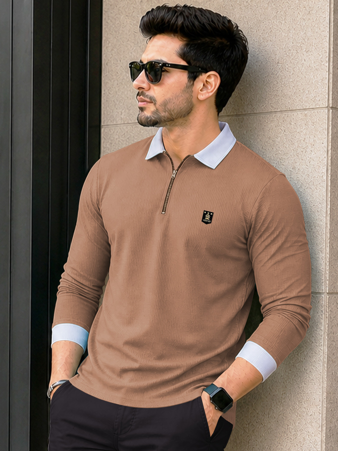 Image of VeBNoR Colorblock Men Zip Neck Brown T-Shirt
