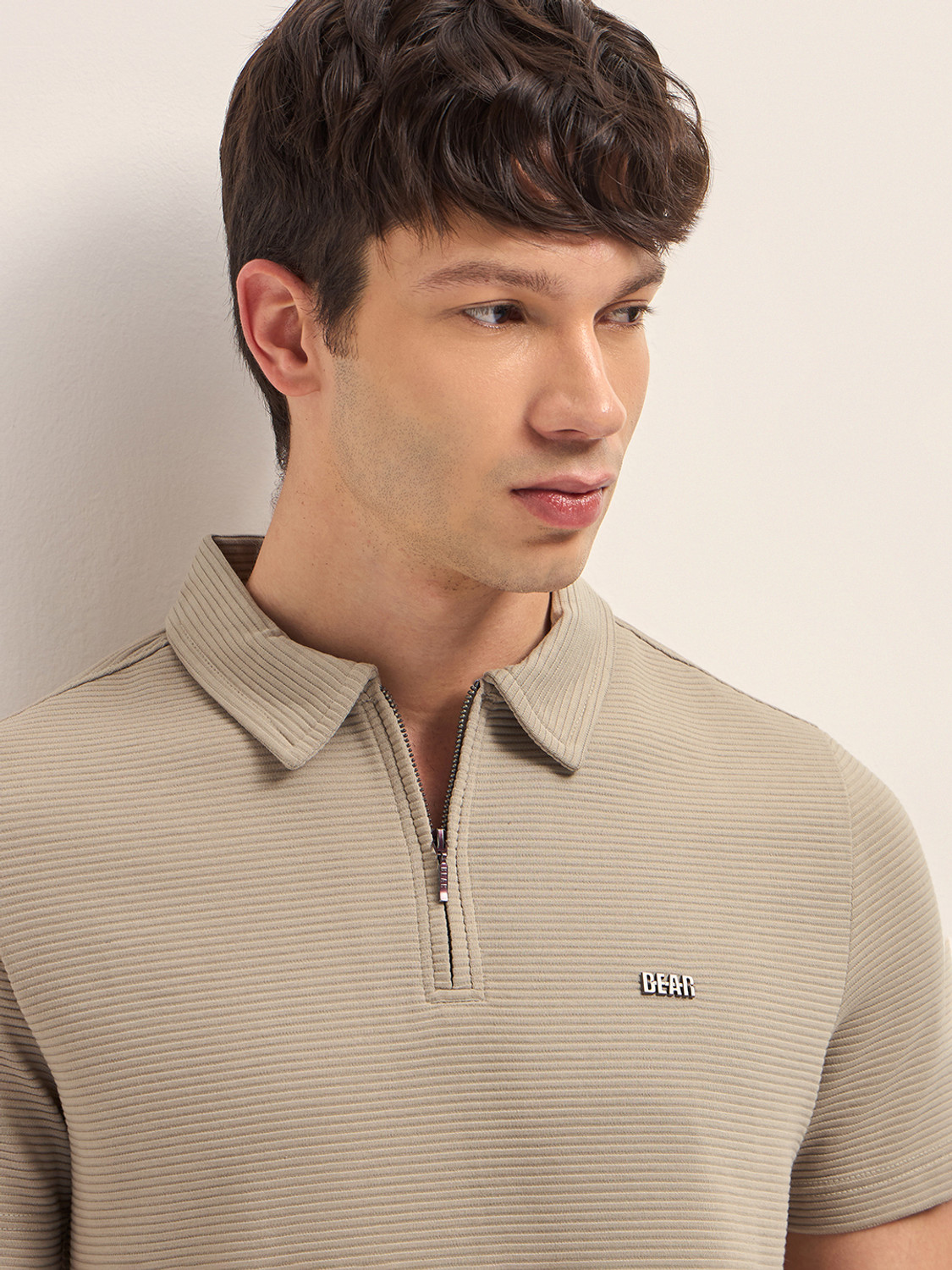 Image of THE BEAR HOUSE Self Design Men Polo Neck Beige T-Shirt