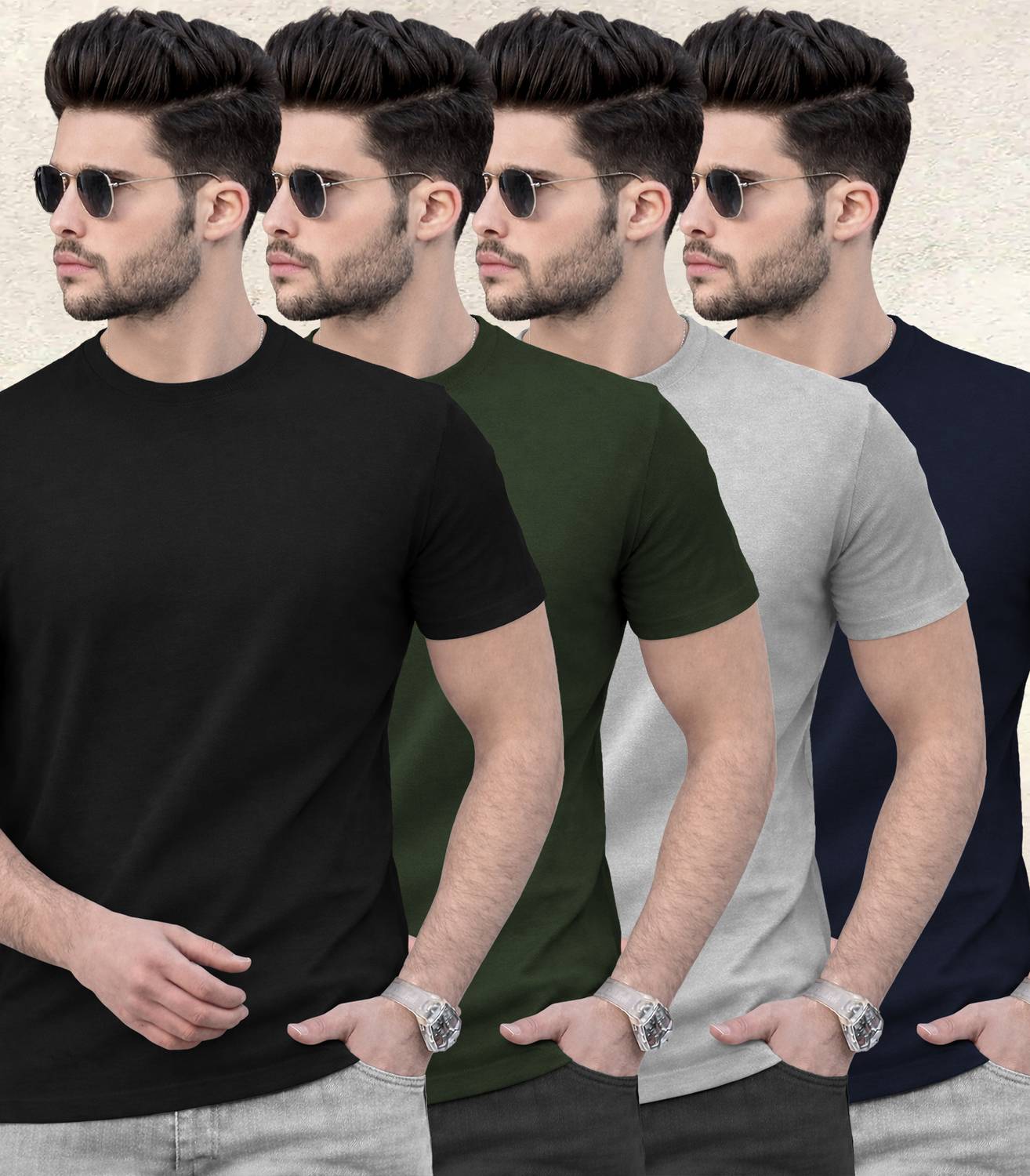 TRIPR Pack of 4 Men Solid Round Neck Cotton Blend Multicolor T-Sh