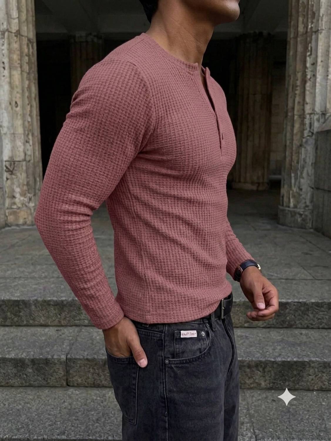 Rufica Men Pink Henley Neck T-Shirt - Image 3
