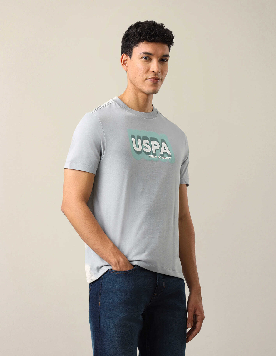 Image of U.S. Polo Assn. Denim Co. Men Typography Crew Neck Pure Cotton Grey T-Shirt