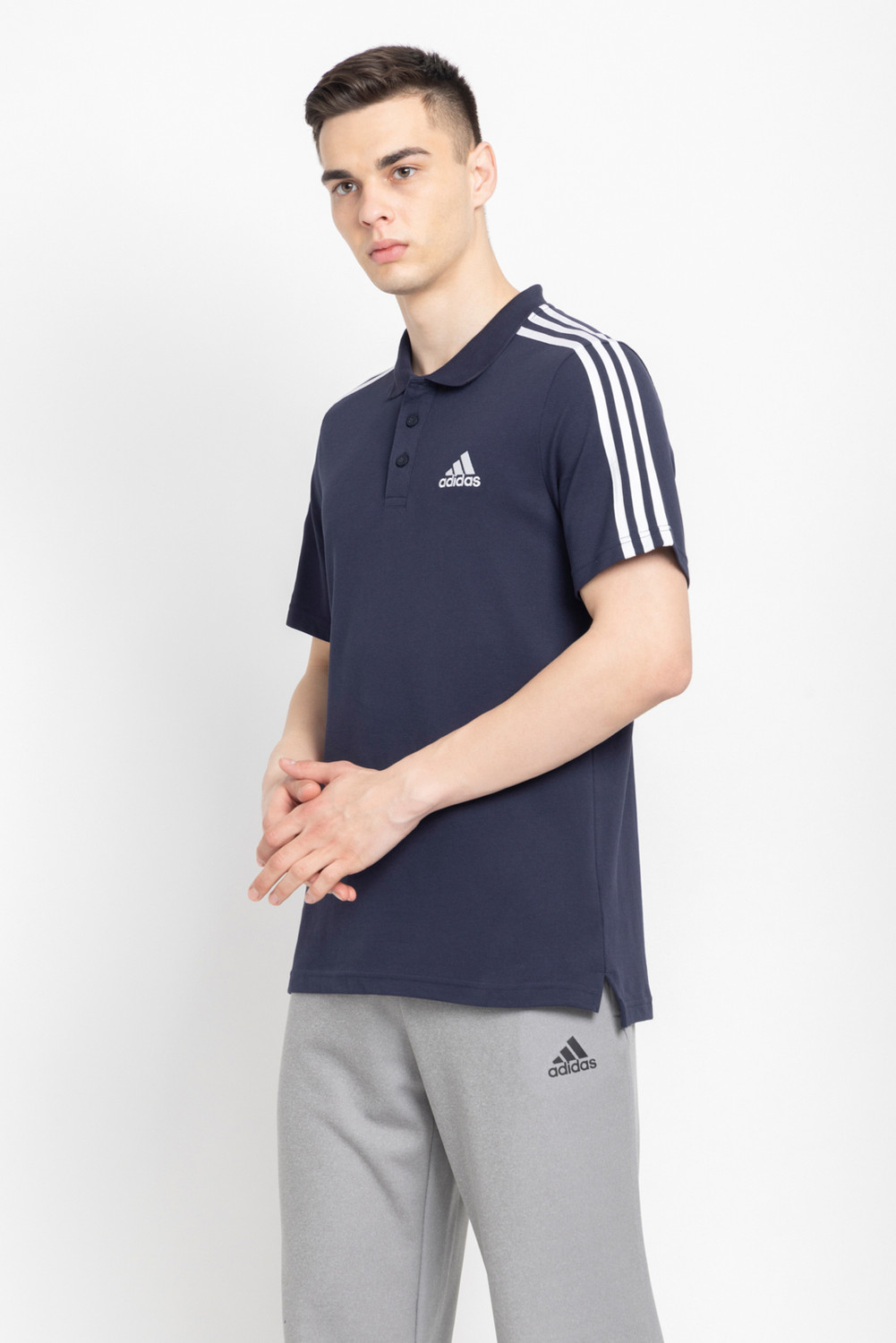 Image of ADIDAS Striped Men Polo Neck Blue T-Shirt