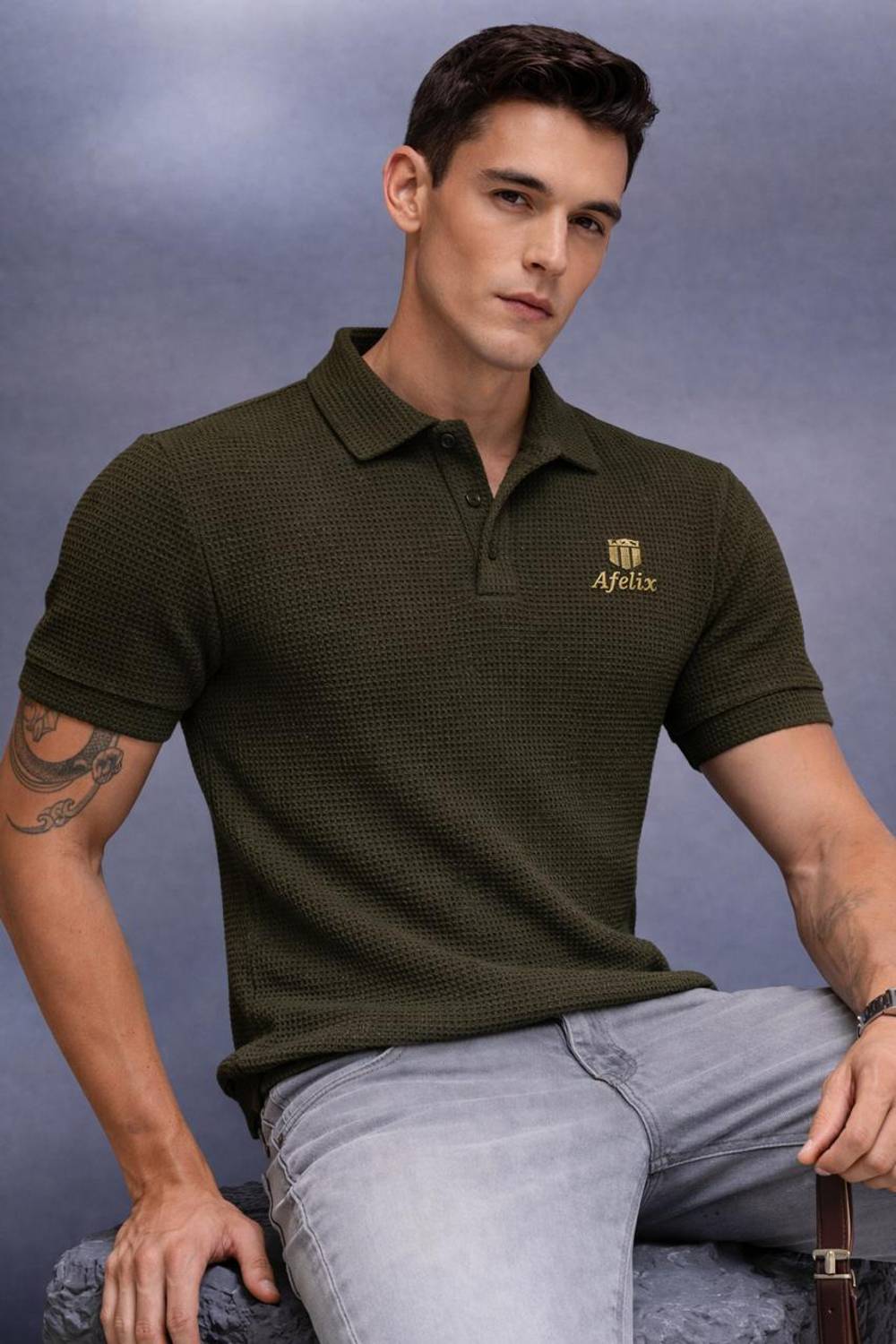 Afelix Self Design Men Polo Neck Green T-Shirt