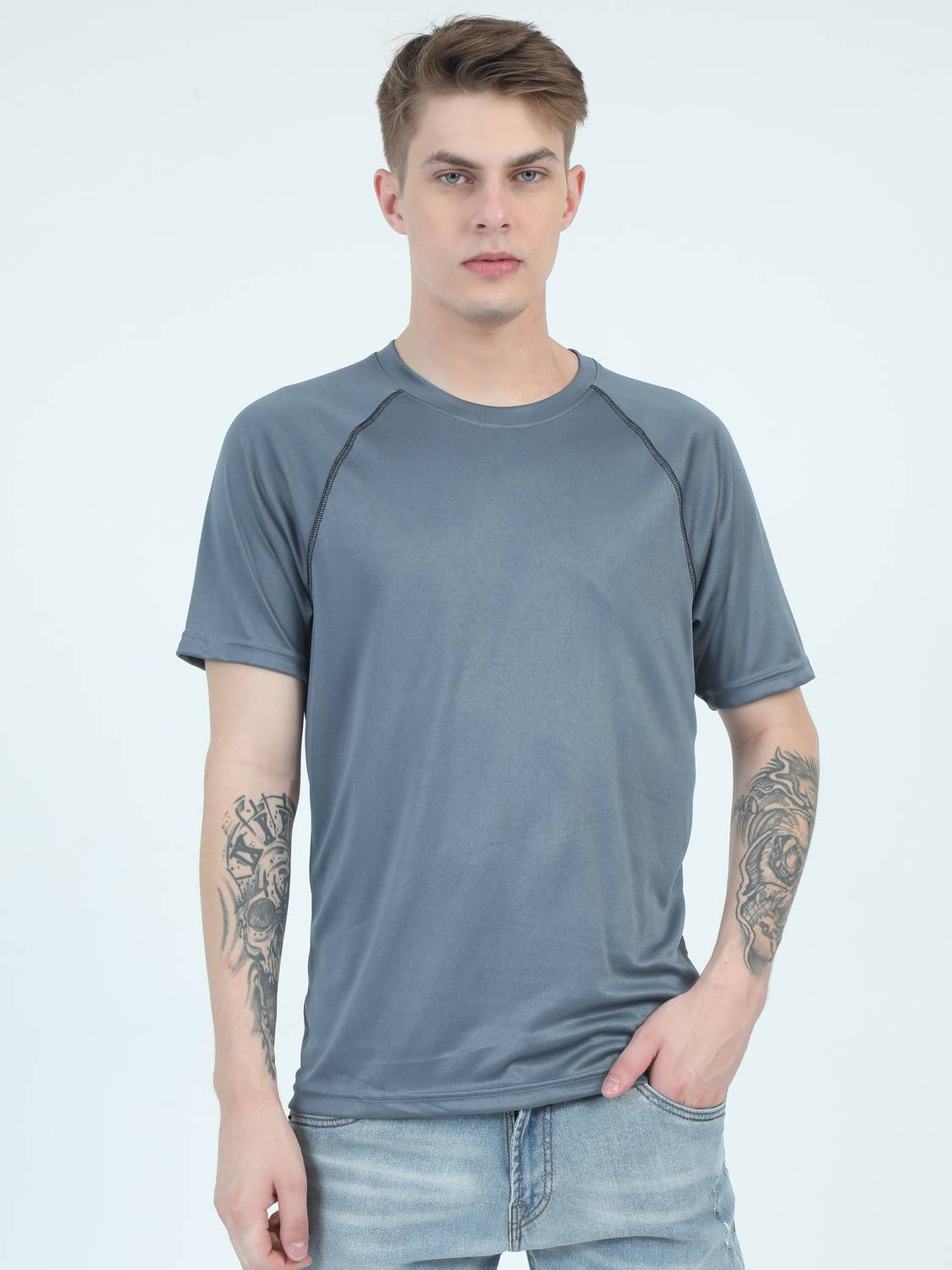 Checks & Squires Solid Men Round Neck Light Blue T-Shirt