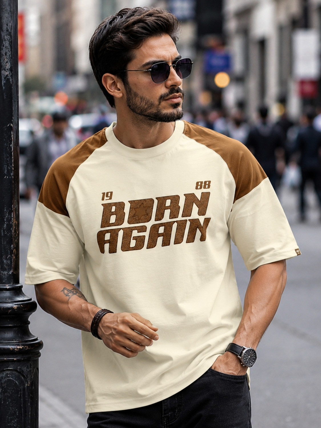 Image of MANIAC Printed Men Round Neck Beige T-Shirt