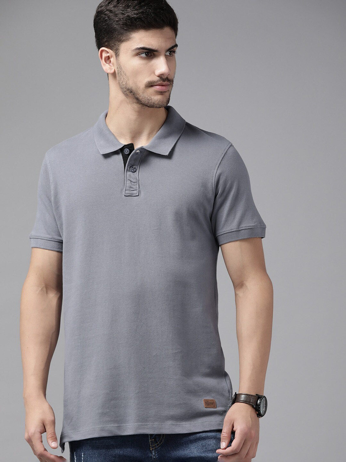 Image of Roadster Solid Men Polo Neck Grey T-Shirt