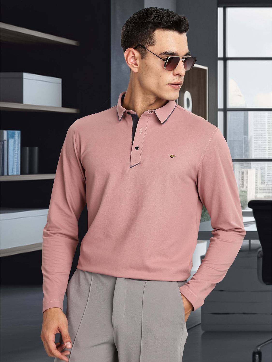 Stellers Men Solid Polo Neck Cotton Blend Pink T-Shirt