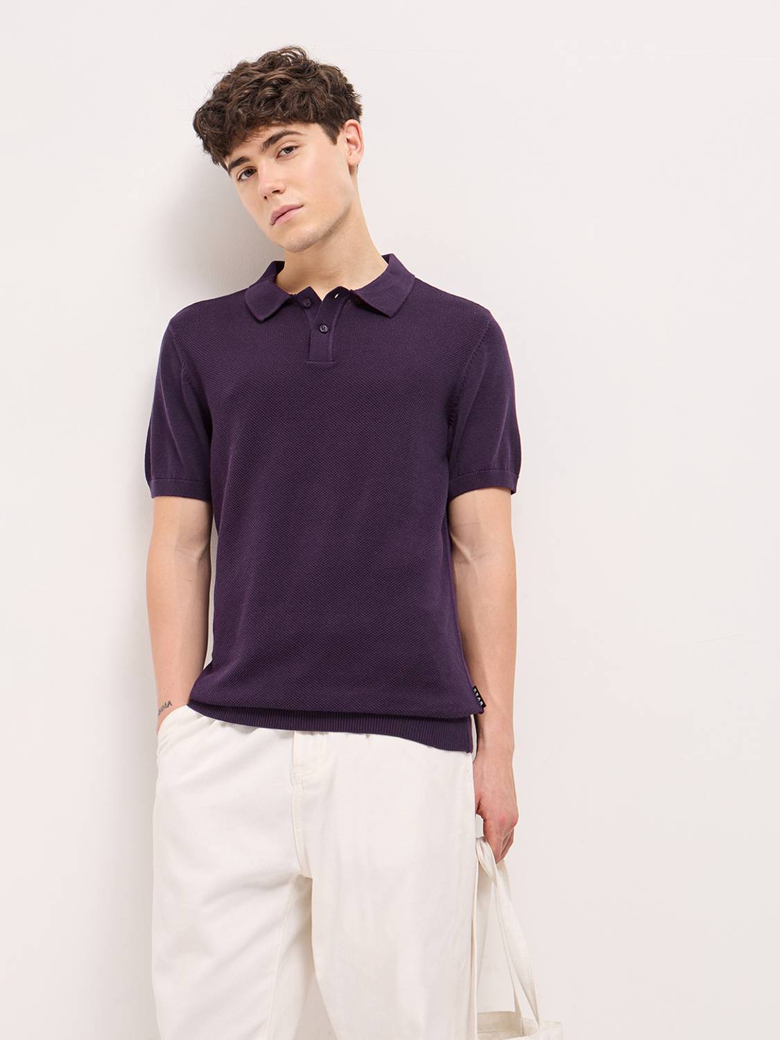 THE BEAR HOUSE Solid Men Polo Neck Purple T-Shirt