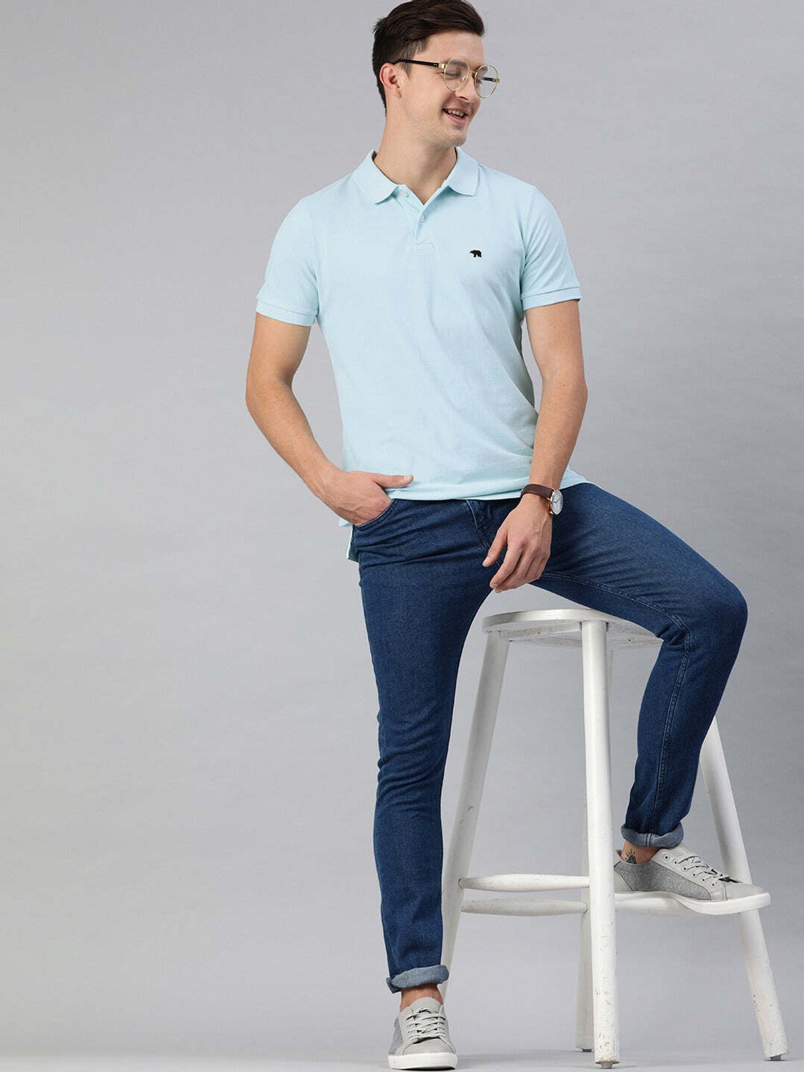 Image of THE BEAR HOUSE Solid Men Polo Neck Blue T-Shirt