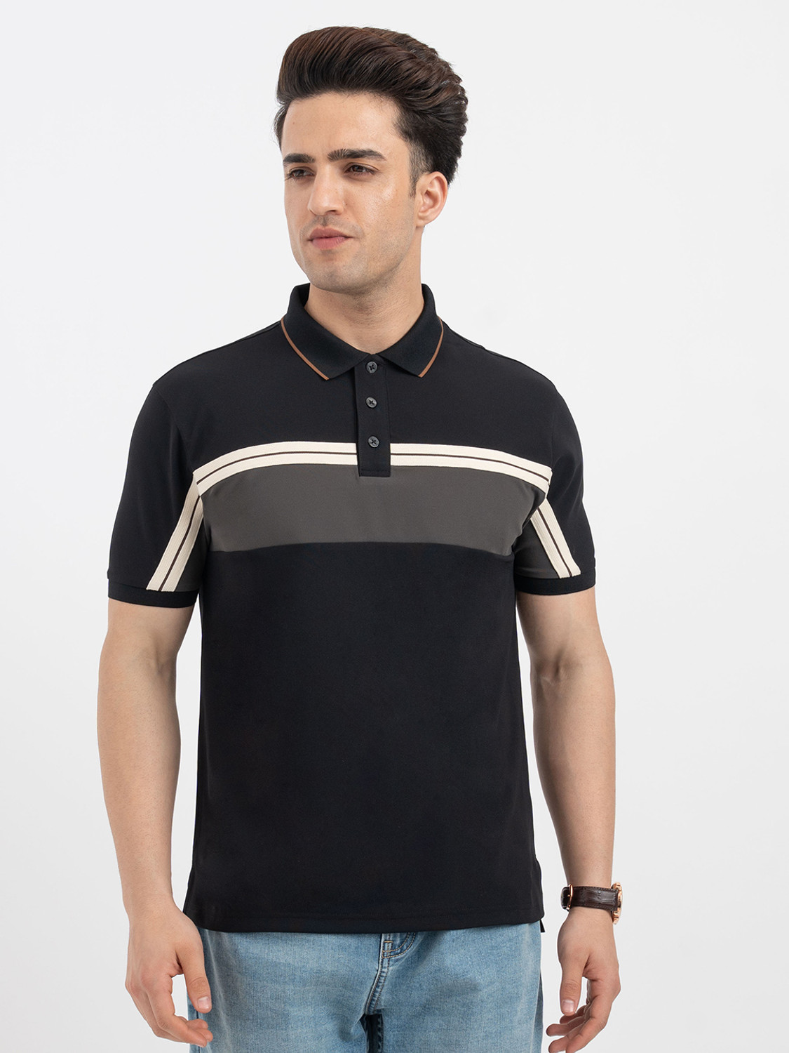 Image of RED TAPE Colorblock Men Polo Neck Black T-Shirt
