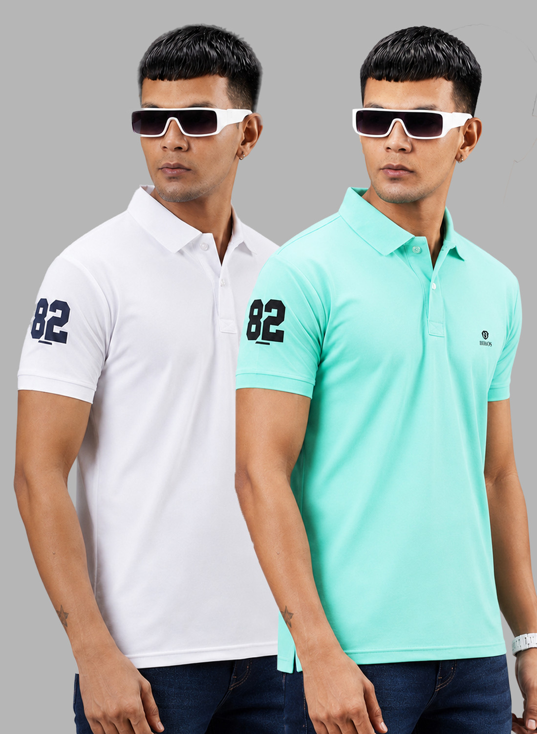 Image of 3BROS Printed Men Polo Neck White, Light Green T-Shirt