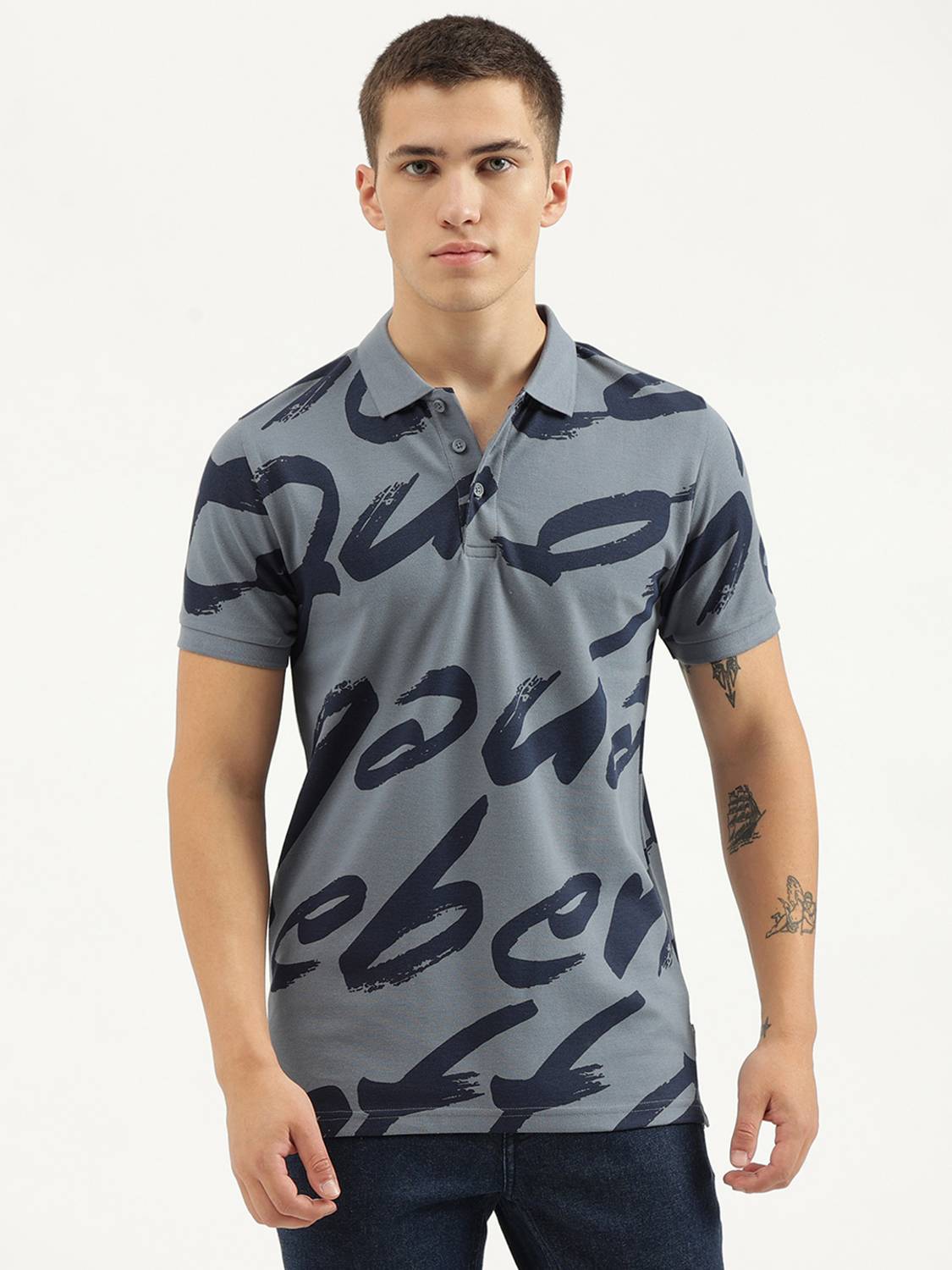 United Colors of Benetton Men Printed Polo Neck Pure Cotton Blue