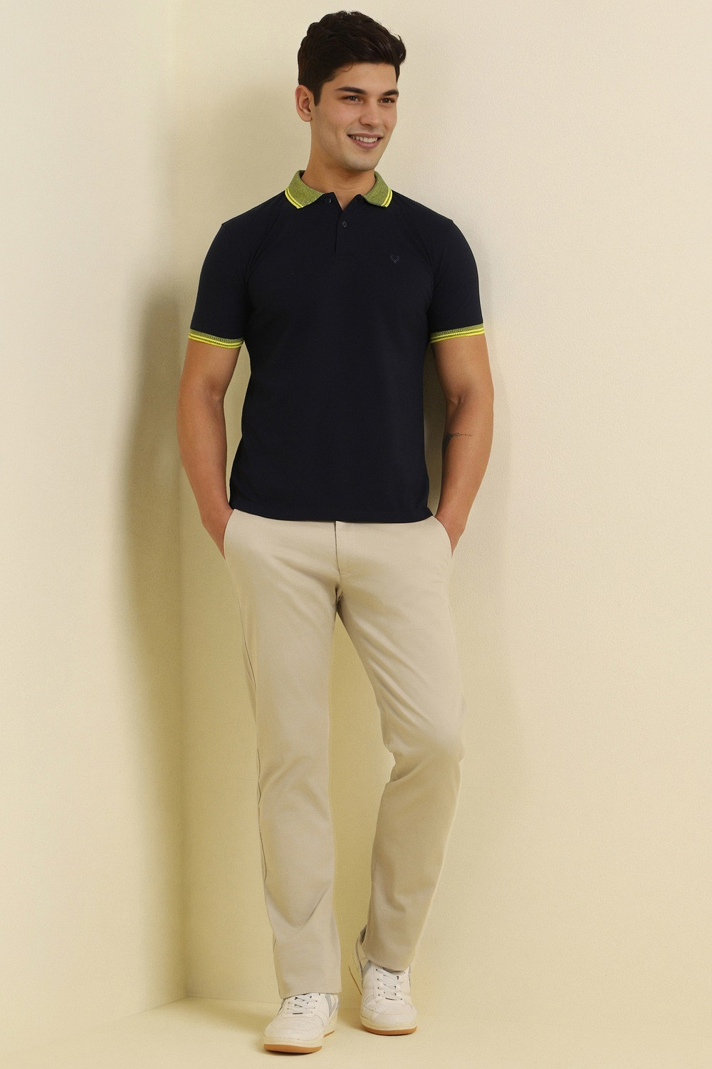 Image of Allen Solly Men Solid Polo Neck Pure Cotton Dark Blue T-Shirt