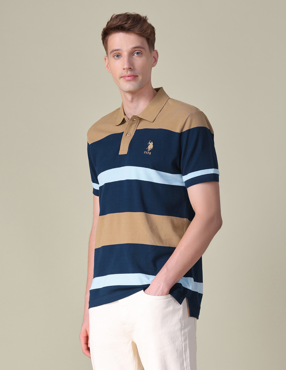 Image of U.S. POLO ASSN. Self Design Men Polo Neck Beige T-Shirt