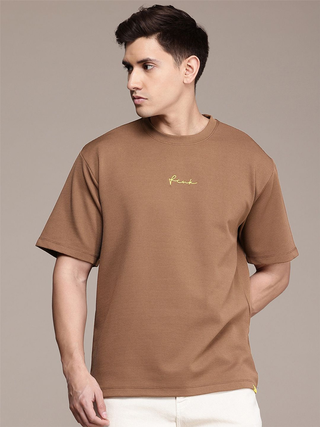 Image of FCUK Self Design Men Round Neck Brown T-Shirt