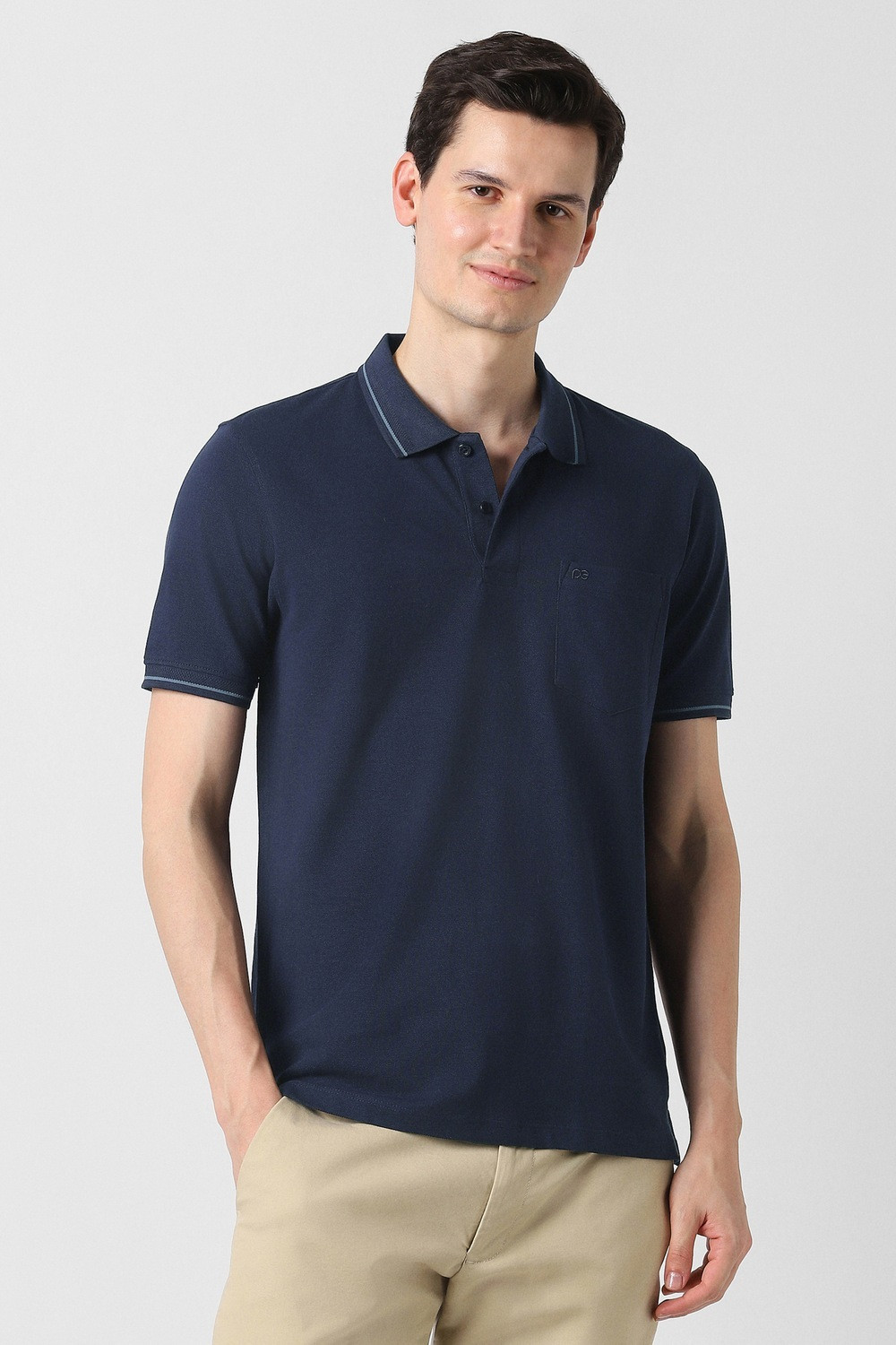 Image of PETER ENGLAND Solid Men Polo Neck Navy Blue T-Shirt