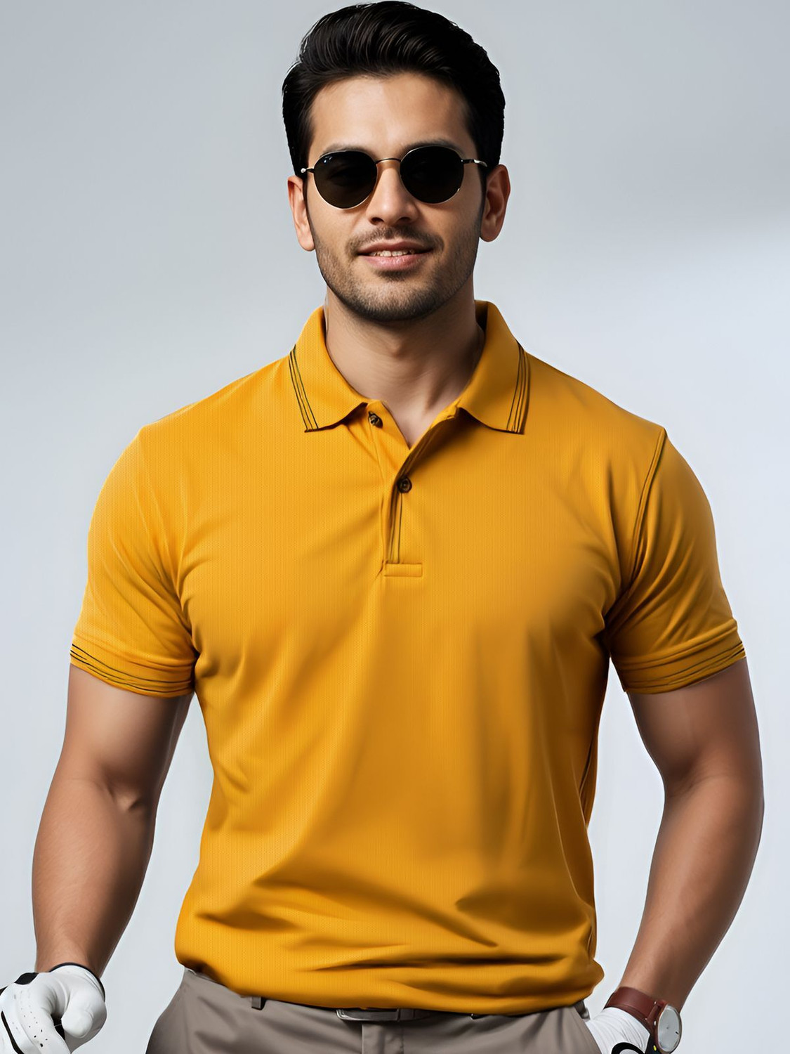 Image of ADRO Solid Men Polo Neck Yellow T-Shirt