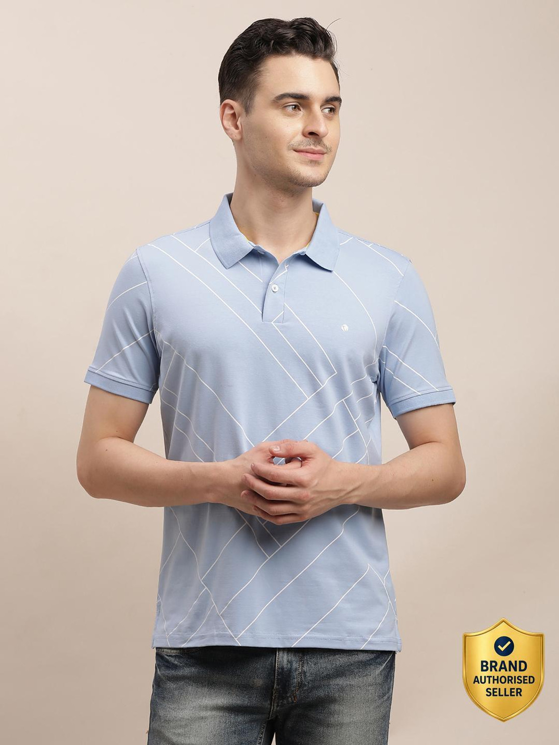 Image of TURTLE Graphic Print Men Polo Neck Light Blue T-Shirt
