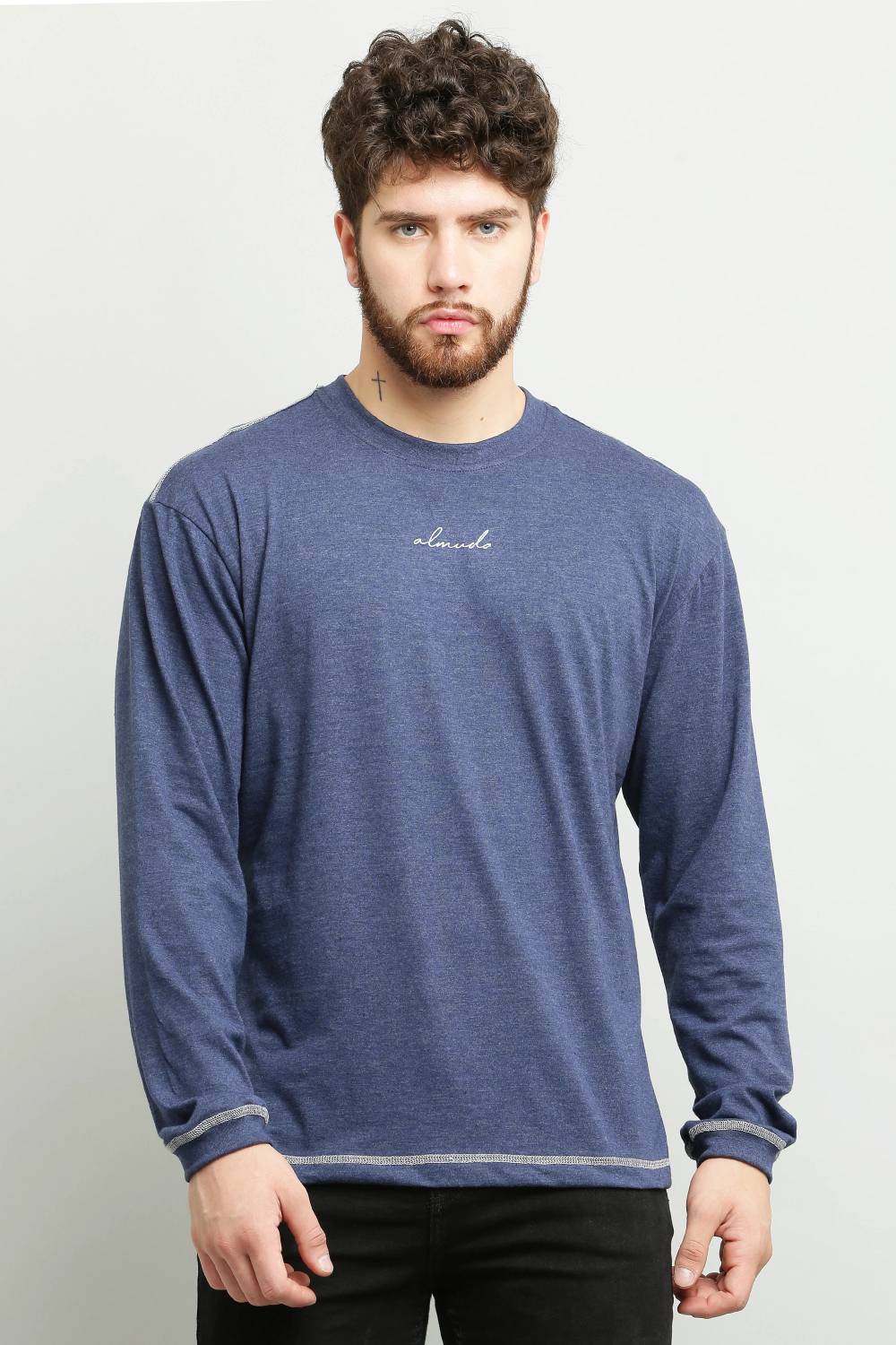 ALMUDA Men Solid Round Neck Pure Cotton Blue T-Shirt