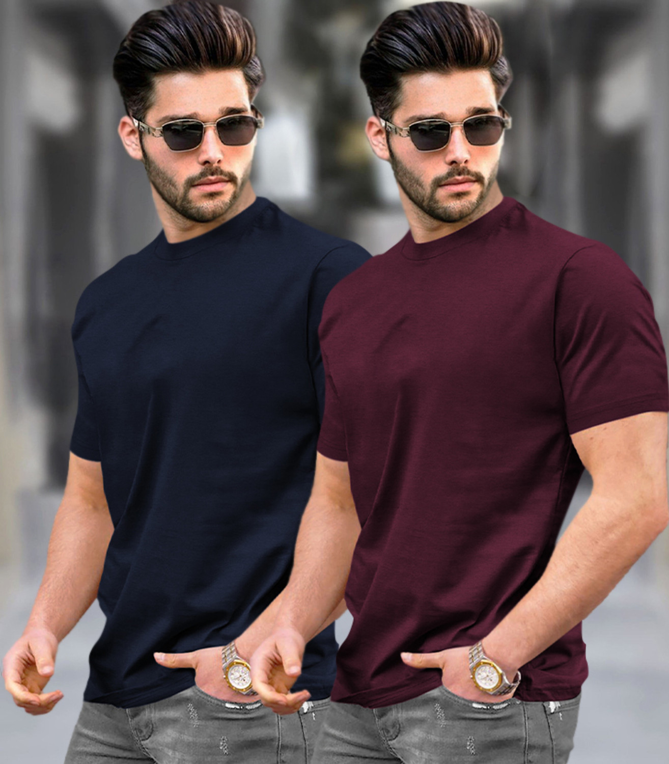 Image of TRIPR Solid Men Navy Blue, Maroon T-Shirt