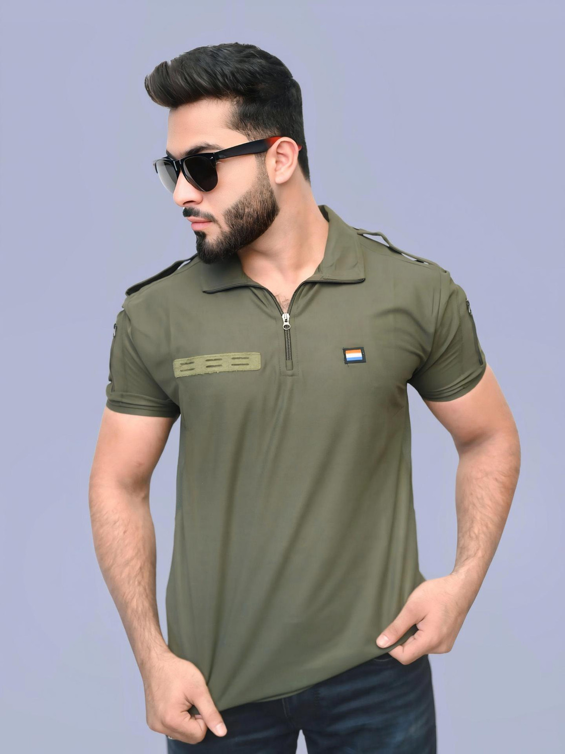 Image of AZYXREN Solid Men Zip Neck Dark Green T-Shirt