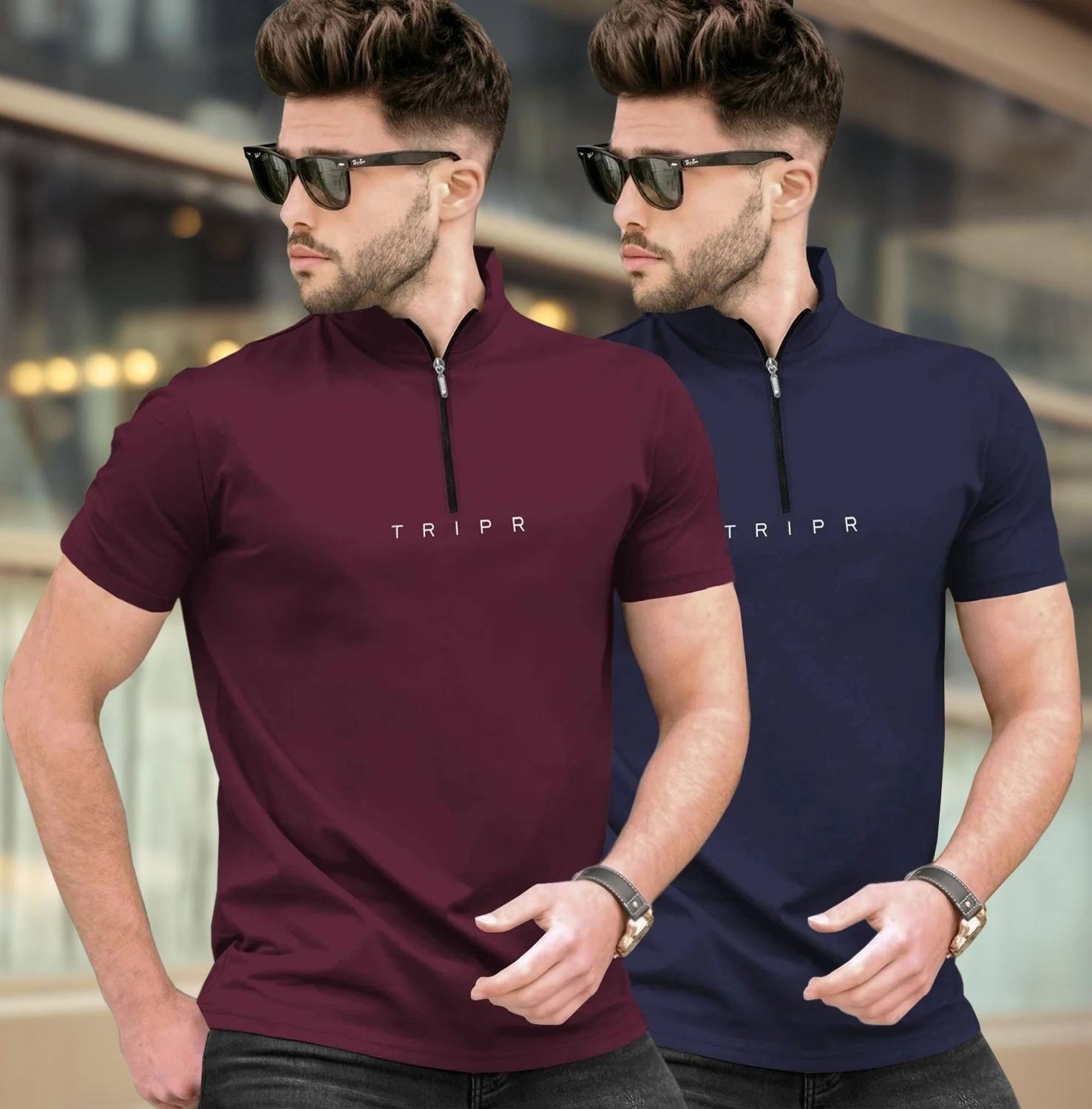 TRIPR Pack of 2 Men Typography Mandarin Collar Cotton Blend Maroo