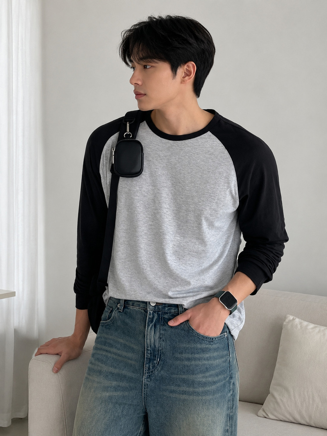 Image of Wrodss Colorblock Men Round Neck Grey, Black T-Shirt
