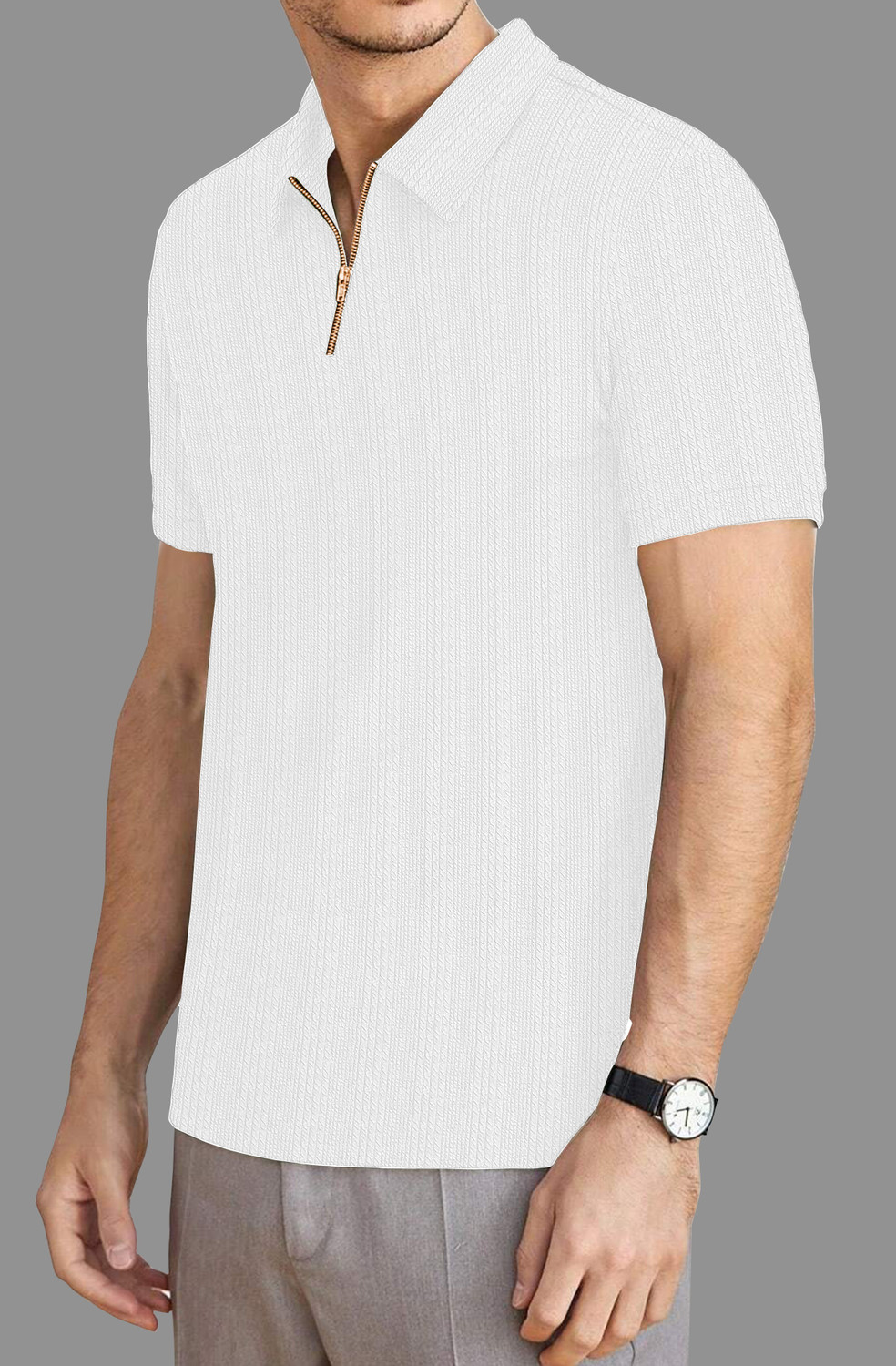 Image of KAJARU Self Design Men Zip Neck White T-Shirt