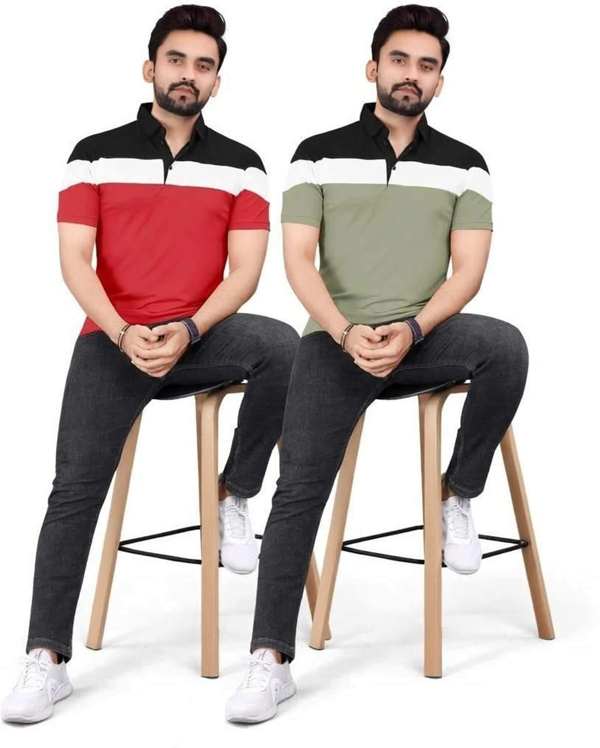 Image of rggarment Colorblock Men Polo Neck Red, Dark Green T-Shirt