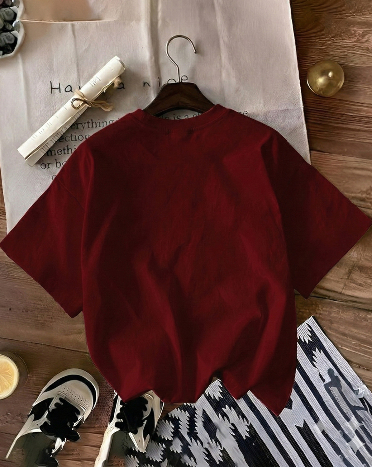 Image of GLOBAL NOMAD Women Graphic Print Round Neck Cotton Blend Maroon T-Shirt