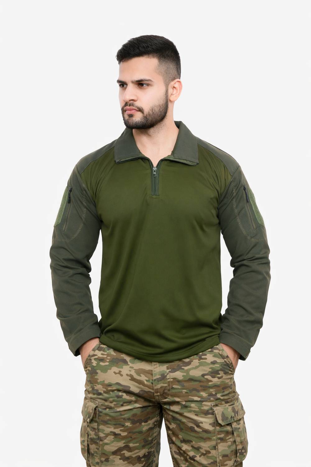 ONEBIT Solid Men Zip Neck Green T-Shirt