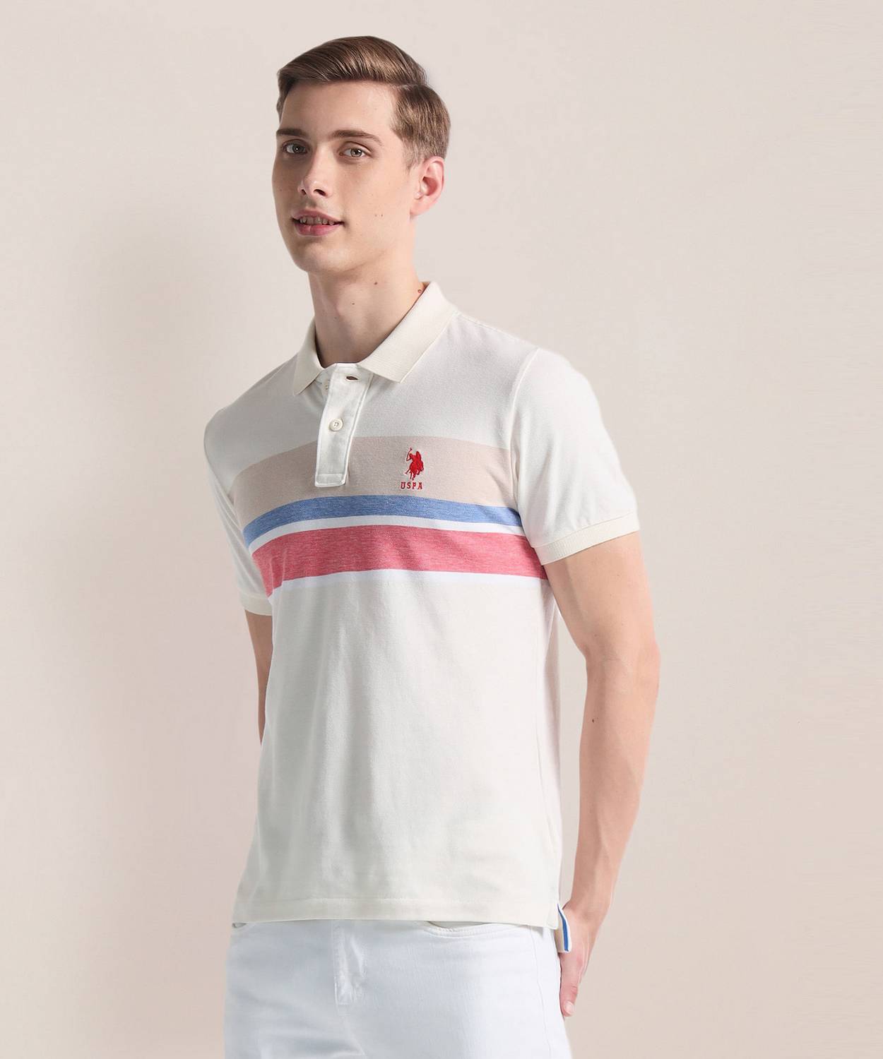 U.S. POLO ASSN. Men Colorblock Polo Neck Cotton Blend Beige T-Shi