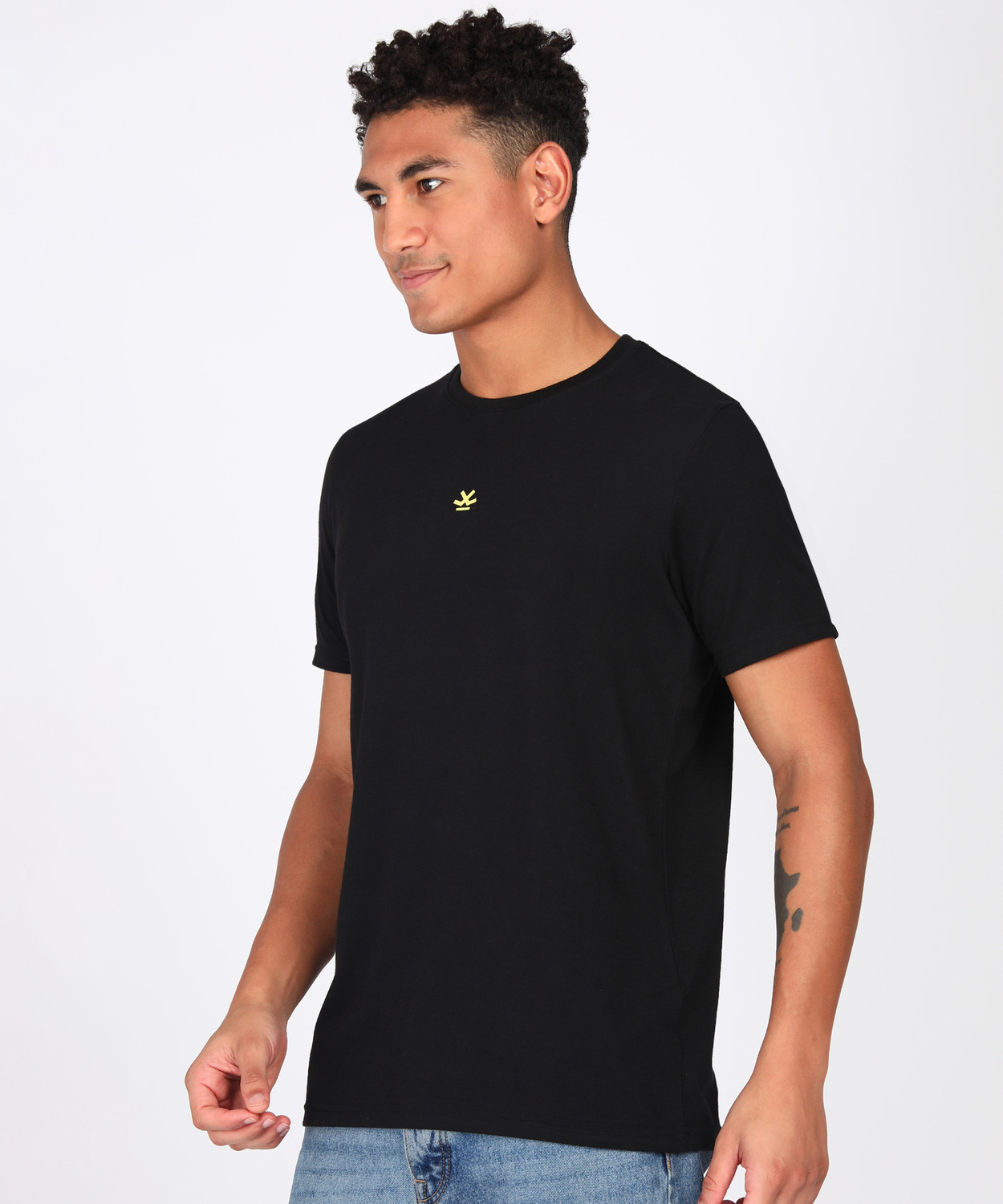 Image of WROGN Men Solid Round Neck Cotton Blend Black T-Shirt