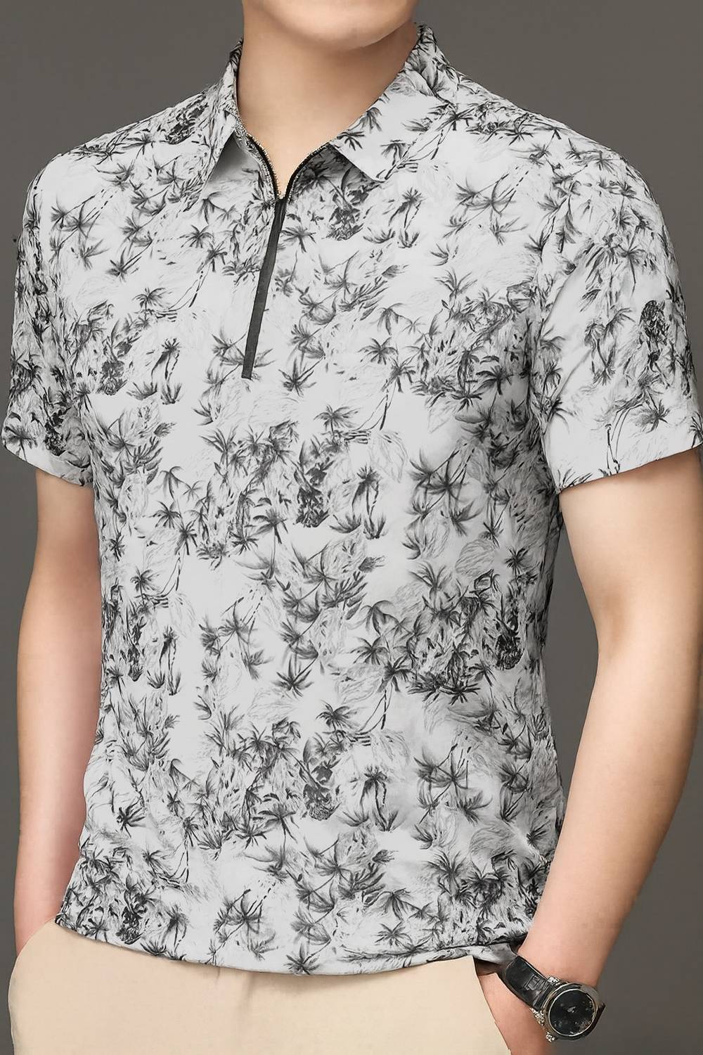 ENDGAME Men Tie & Dye Zip Neck Elastane Grey T-Shirt