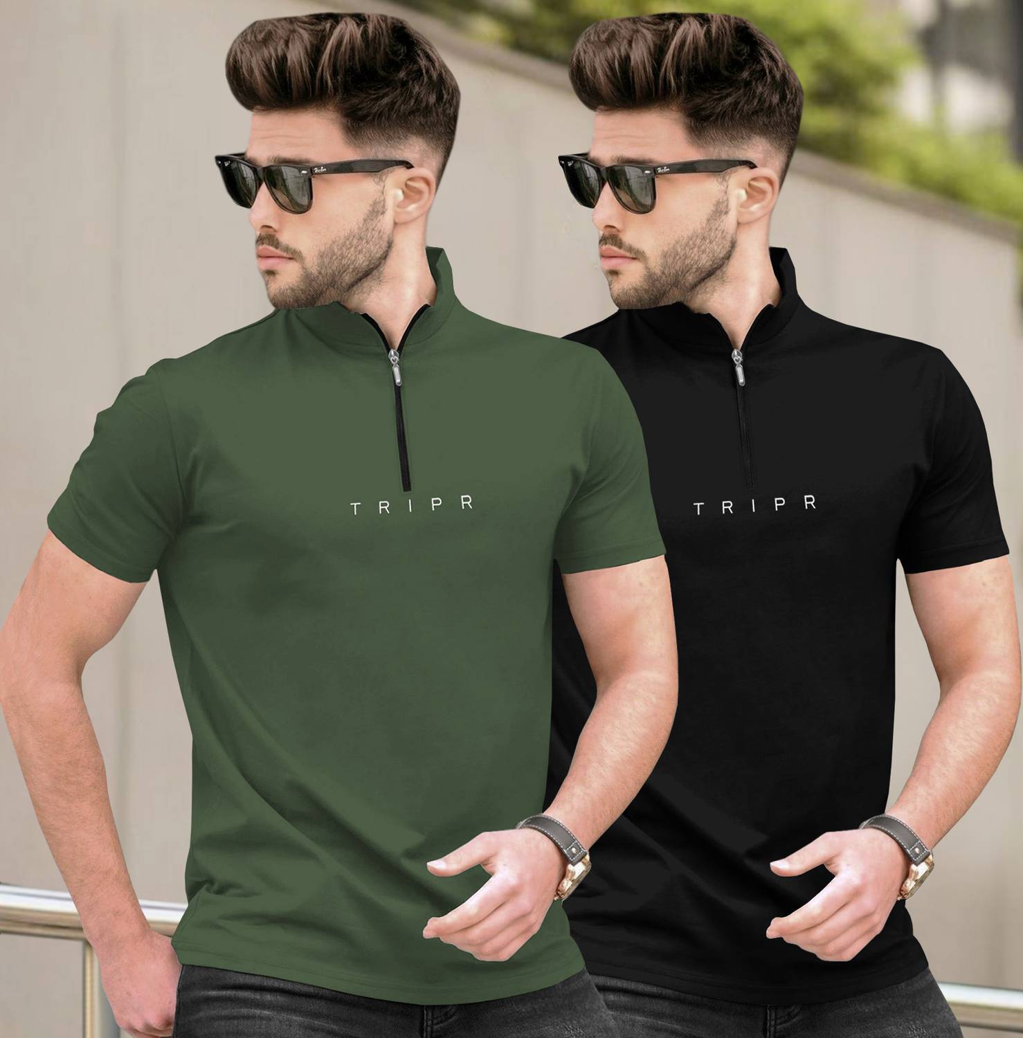TRIPR Pack of 2 Men Typography Mandarin Collar Cotton Blend Dark