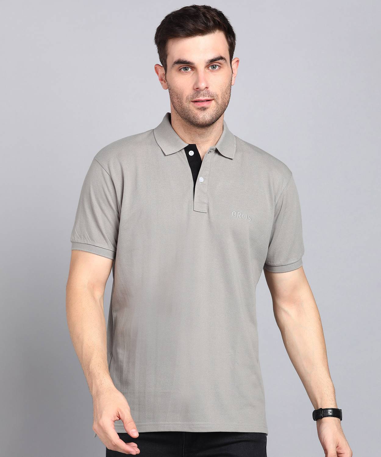 3BROS Men Solid Polo Neck Cotton Blend Grey T-Shirt