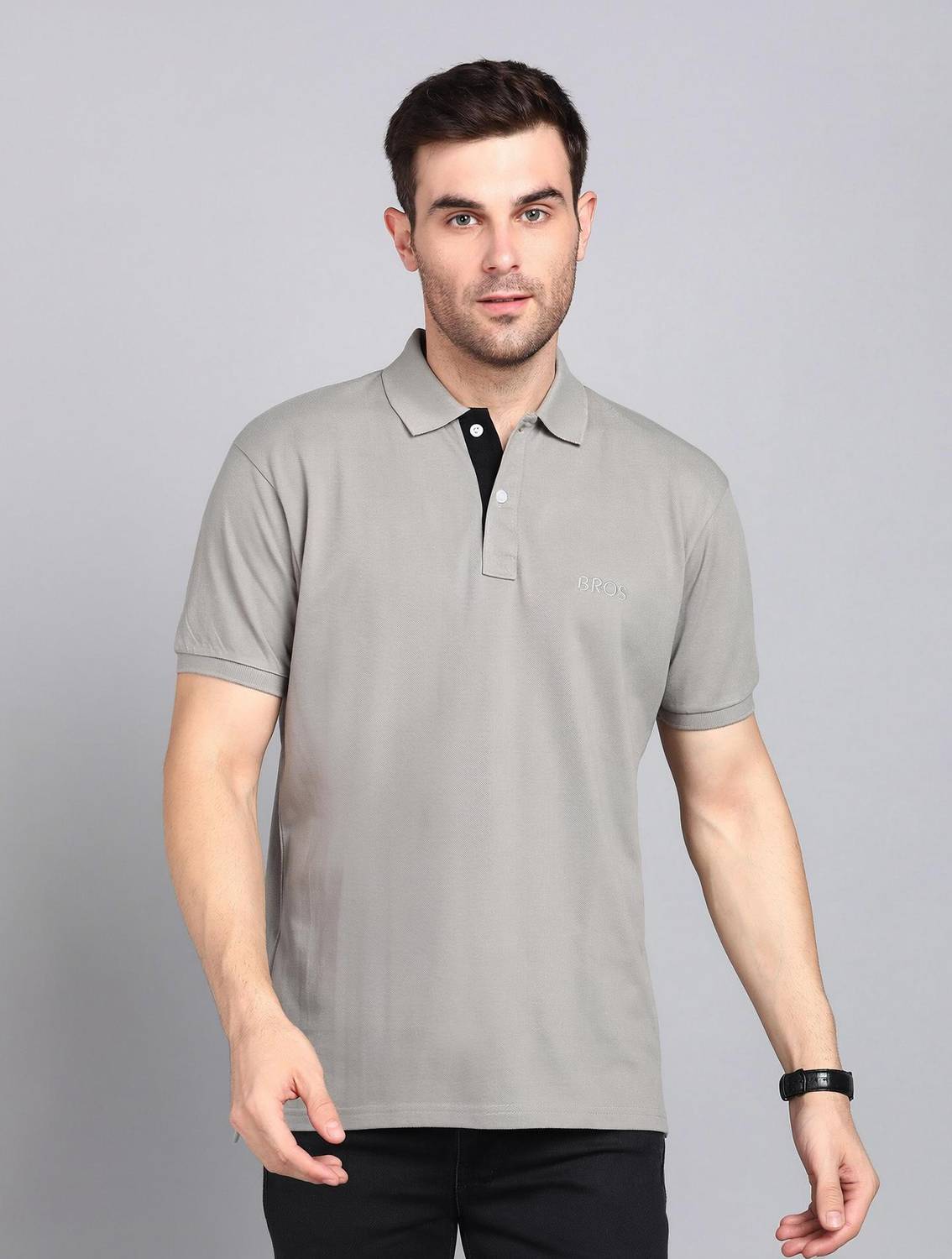 3BROS Solid Men Polo Neck Grey T-Shirt