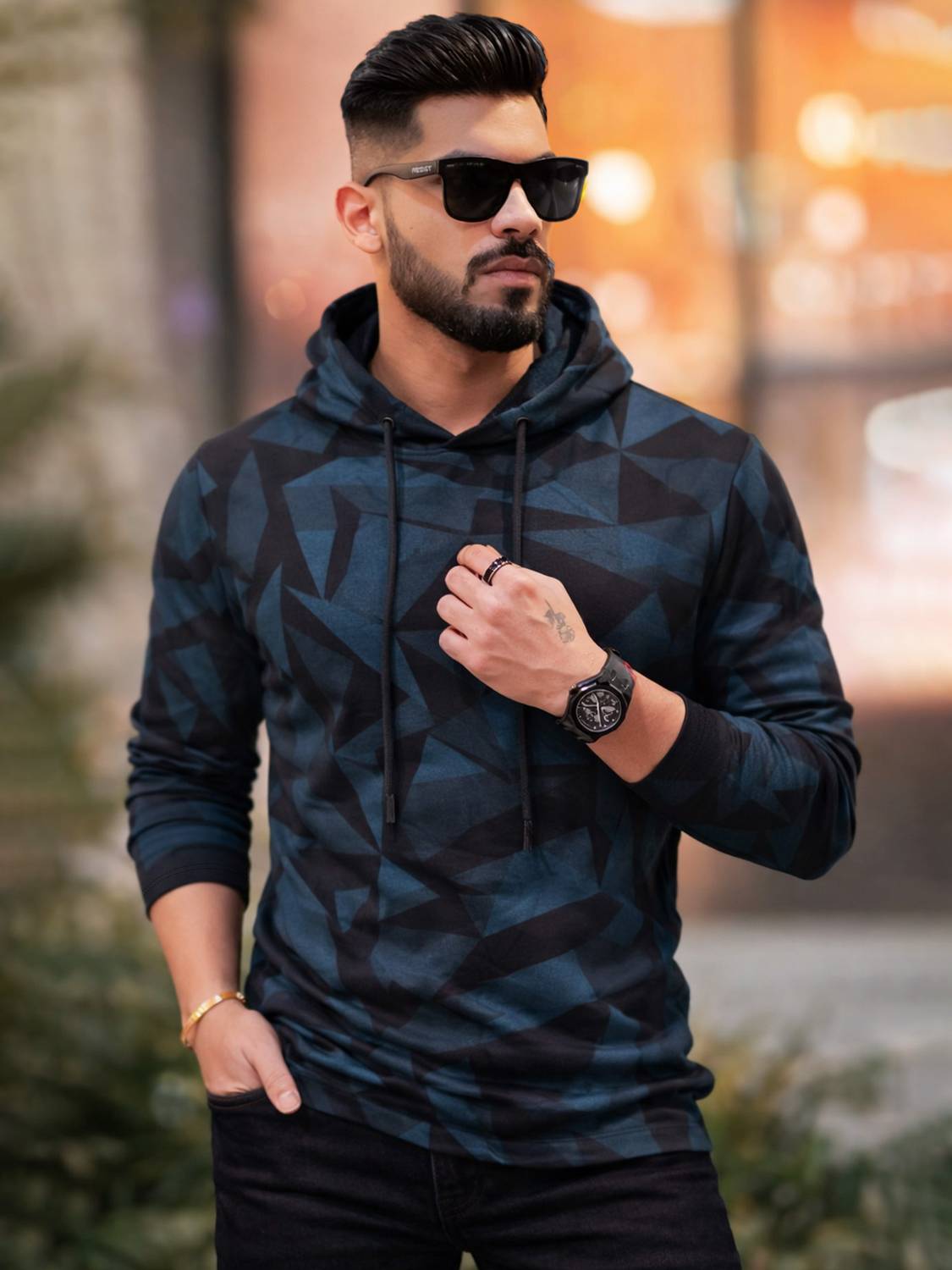 EyeBogler T410 Men Colorblock Hooded Neck Cotton Blend Blue, Blac