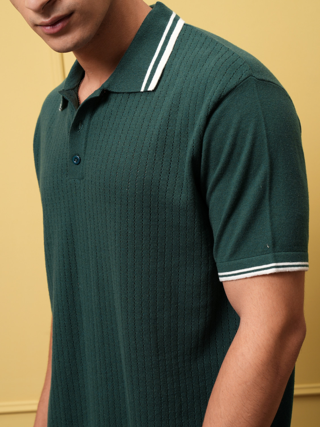 Image of HIGHLANDER Men Self Design Polo Neck Cotton Blend Green T-Shirt