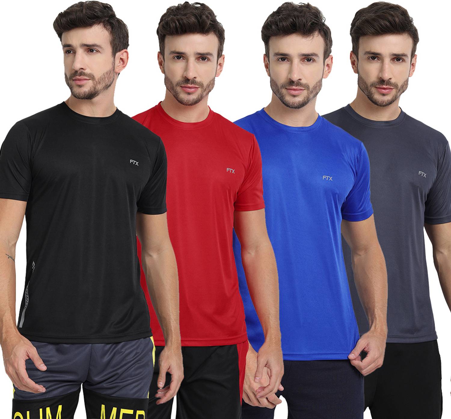 FTX Pack of 4 Men Solid Round Neck Polyester Multicolor T-Shirt