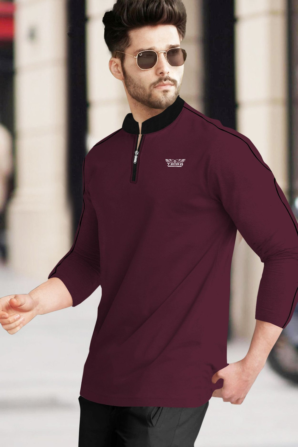 Image of TRIPR Solid Men Mandarin Collar Maroon, Black T-Shirt