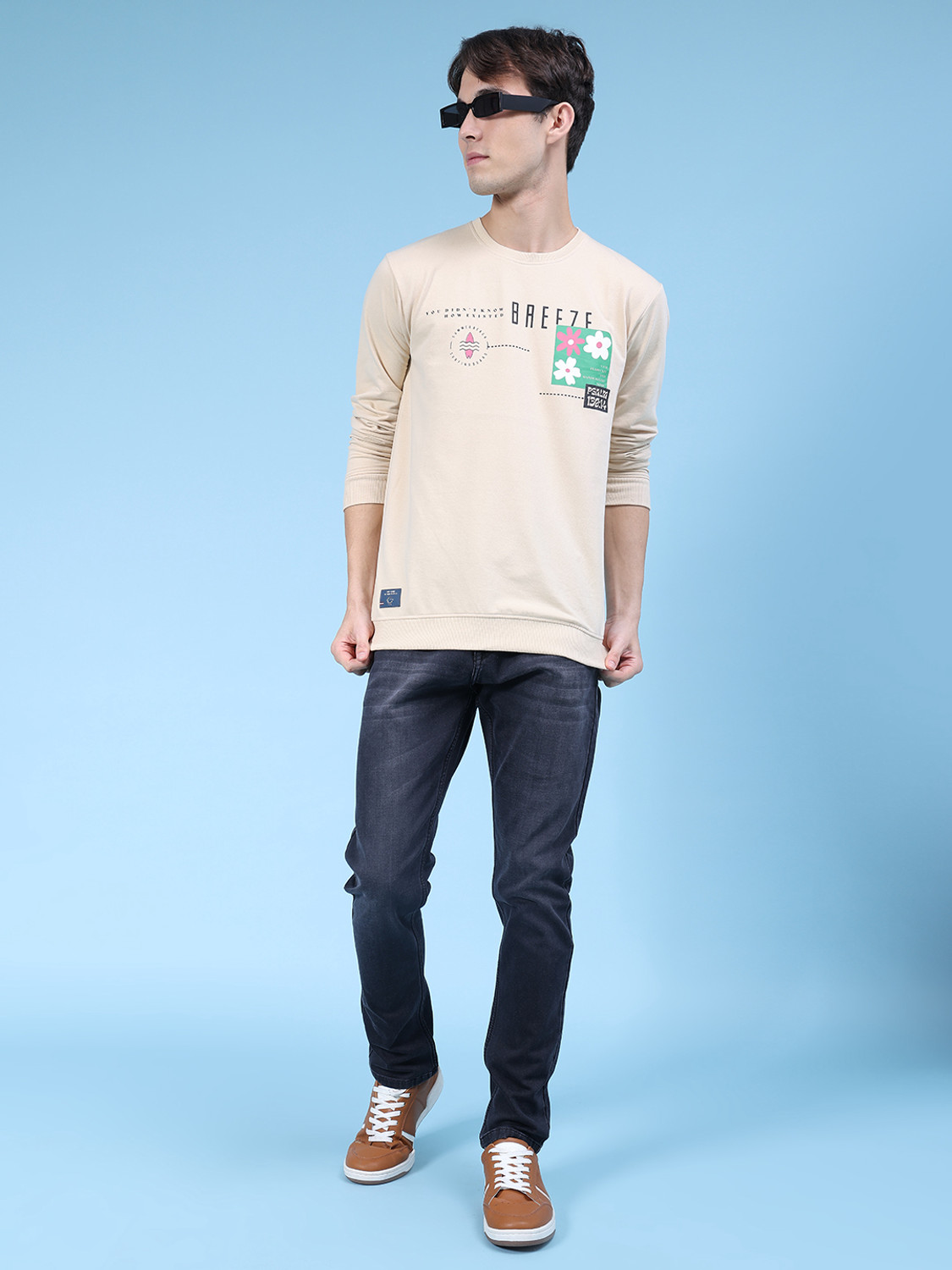 Image of V-MART Printed Men Round Neck Beige T-Shirt
