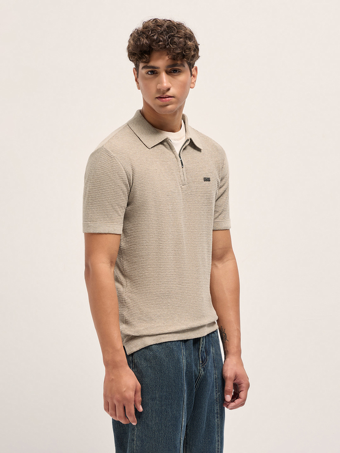 Image of THE BEAR HOUSE Self Design Men Polo Neck Beige T-Shirt