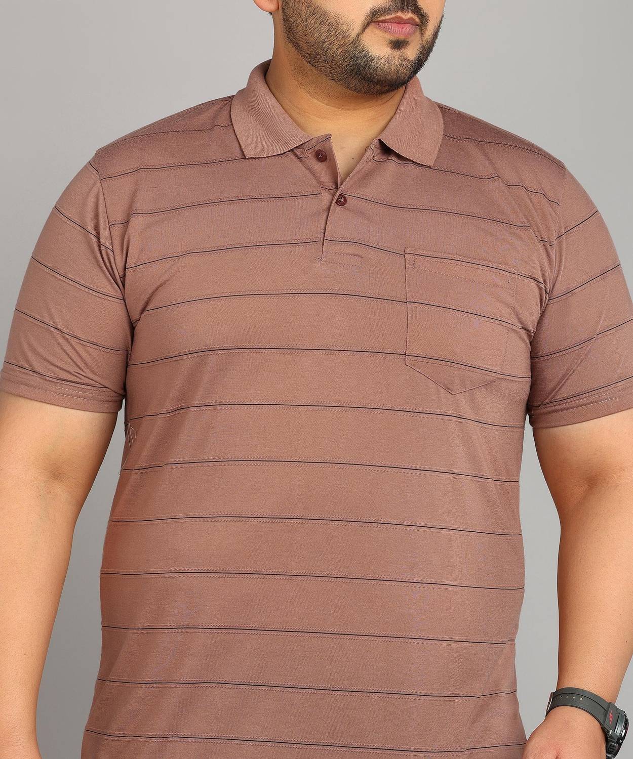 INKKR Men Striped Polo Neck Cotton Blend Brown T-Shirt
