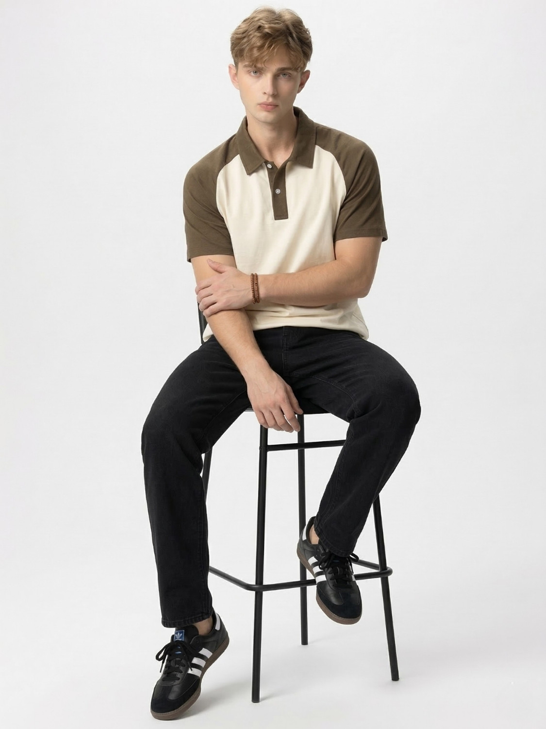 Image of YONGE Colorblock Men Polo Neck Brown T-Shirt