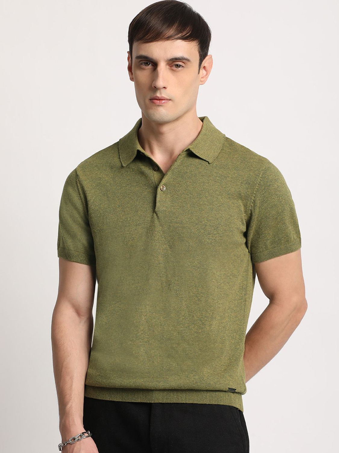 Image of THE BEAR HOUSE Solid Men Polo Neck Dark Green T-Shirt