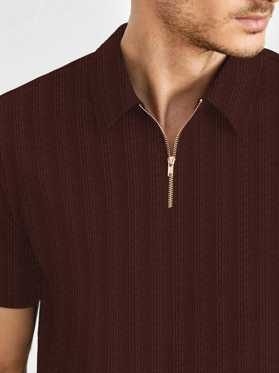 Image of COMBRAIDED Striped Men Zip Neck Brown T-Shirt