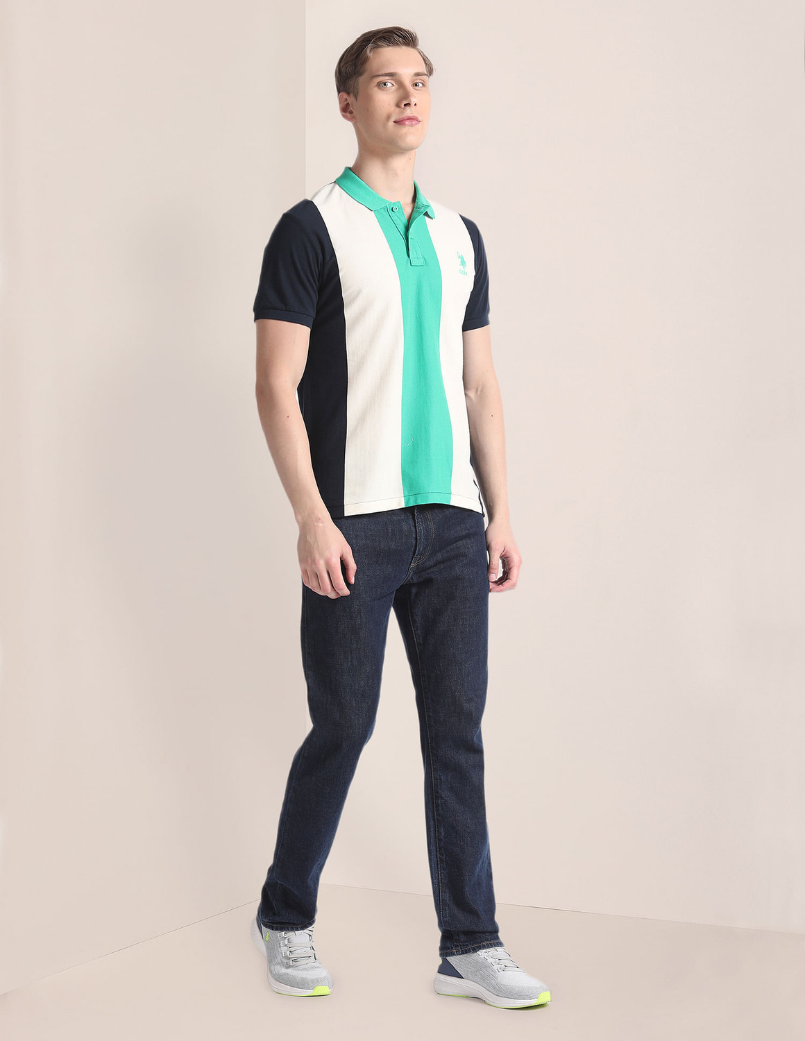 Image of U.S. POLO ASSN. Striped Men Polo Neck Blue T-Shirt